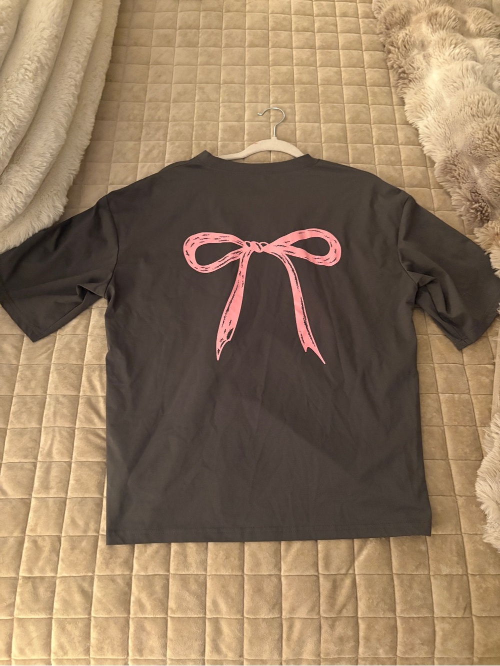 Woman’s Charcoal Teet with Pink Bow Graphic